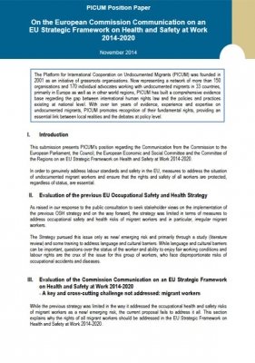 PICUM Position Paper on an EU Strategic Framework on Health and Safety at Work 2014-2020 (November 2014)