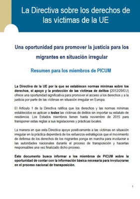 La Directiva sobre los derechos de las víctimas de la UE: Una oportunidad para promover la justicia para los migrantes en situación irregular (Septiembre 2014) – ES
