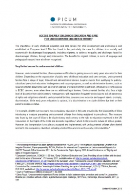 Access to Early Childhood Education and Care for Undocumented Children in Europe (October 2013)